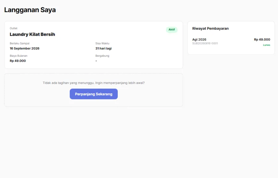 Tampilan Langganan di panel mitra LondriAja